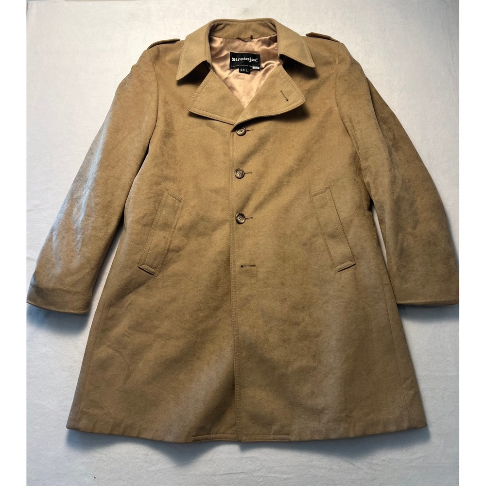 VTG Stratajac 44L Overcoat Mid Century Faux Suede Tan Herringbone Lined Coat